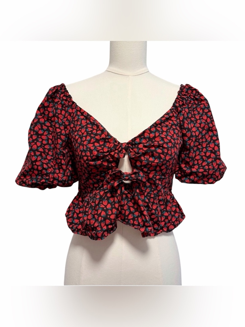 Band of the Free Coquette Strawberry Milkmaid Crop Top Puff Sleeve L